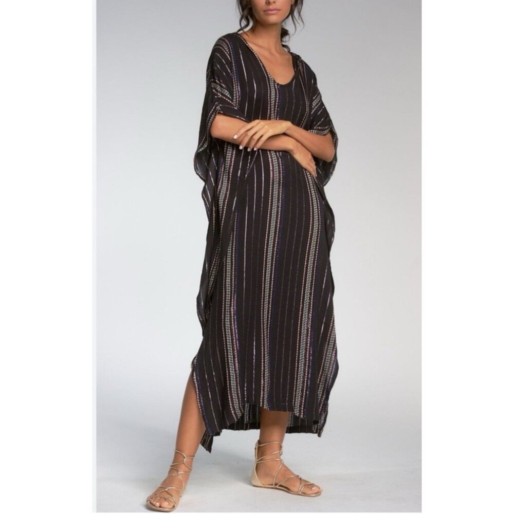 Elan Kaftan Caftan Maxi W Hood Small Black Mutli Metallic Short Sleeve Casual